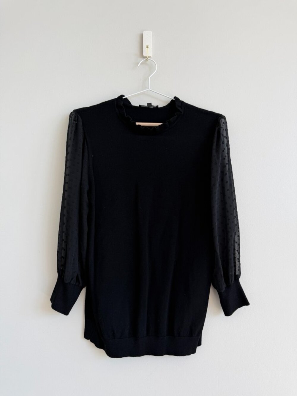 Adrianna Papell Black Swiss Dot Sheer Sleeve Sweater Top M